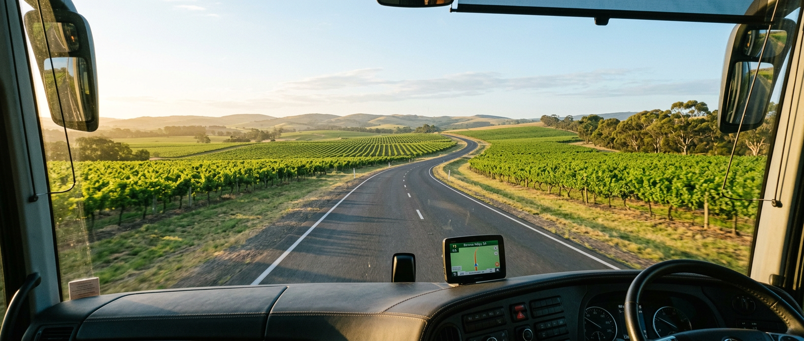Scenic highway drive from Adelaide through rolling South Australian wine country